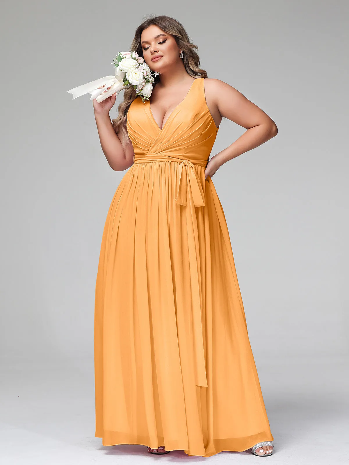 Deep V Neckline Chiffon Dress with Sash Bow Tangerine