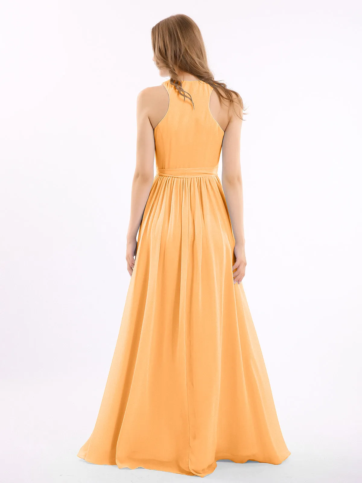 Deep V Neckline Chiffon Dress with Sash Bow Tangerine