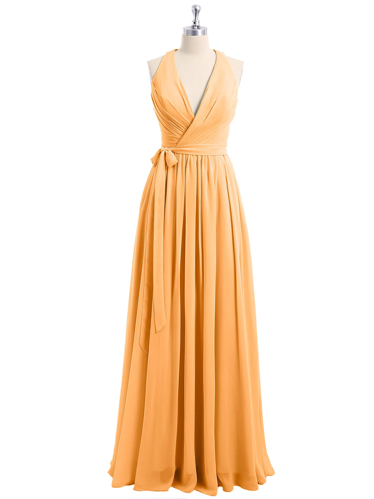 Deep V Neckline Chiffon Dress with Sash Bow Tangerine