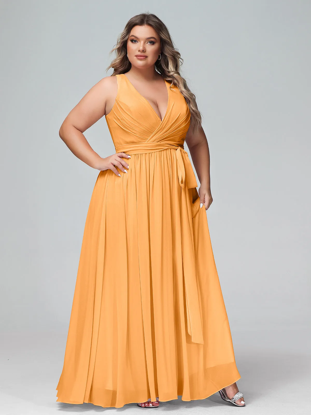 Deep V Neckline Chiffon Dress with Sash Bow Tangerine