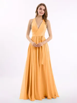 Deep V Neckline Chiffon Dress with Sash Bow Tangerine