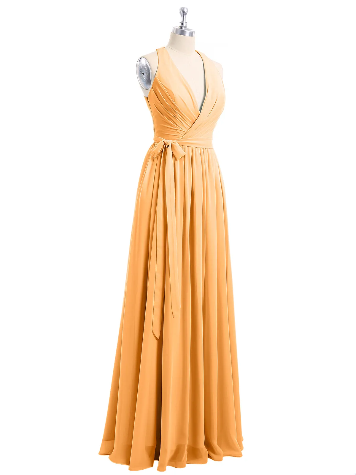 Deep V Neckline Chiffon Dress with Sash Bow Tangerine