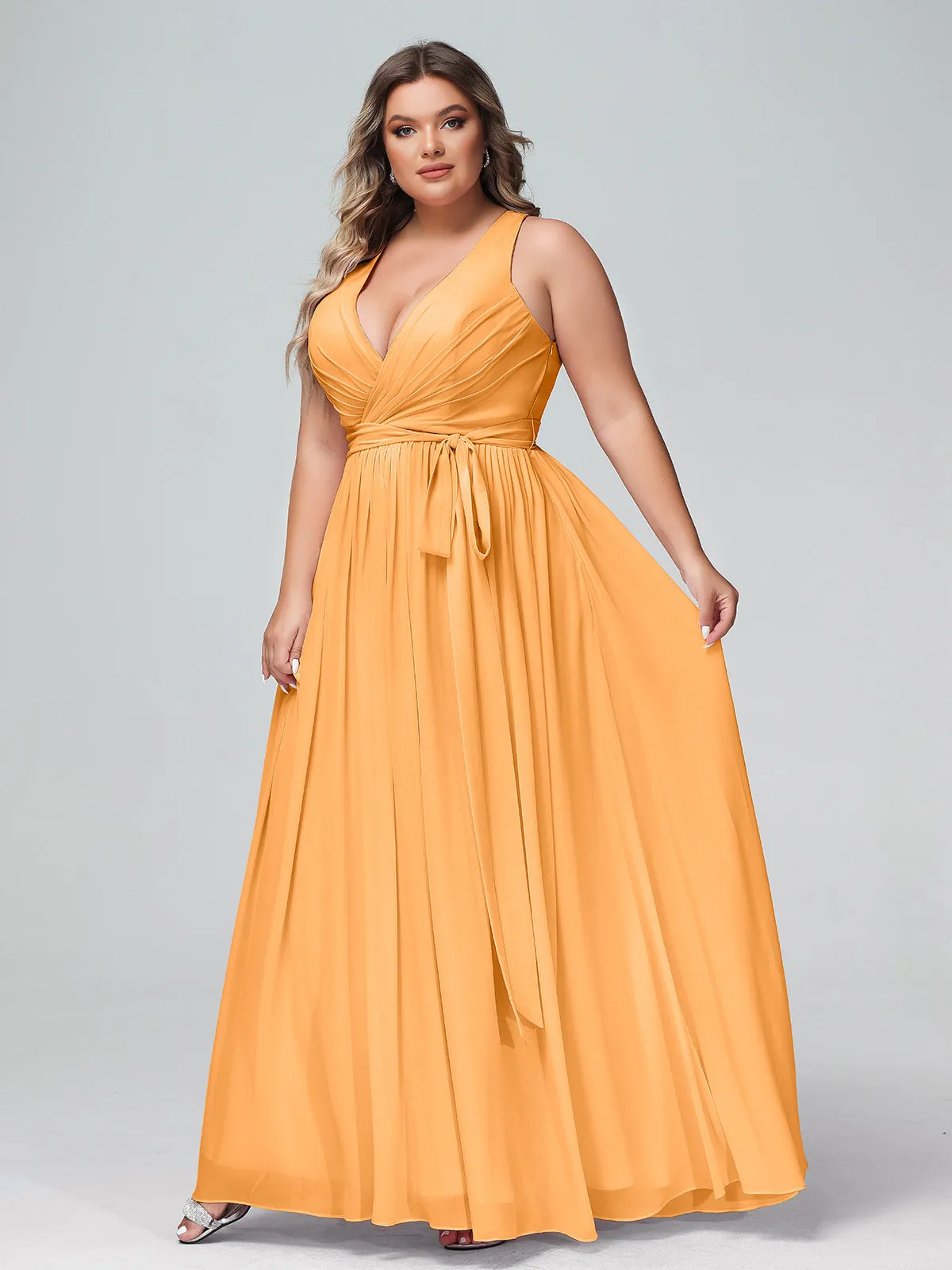 Deep V Neckline Chiffon Dress with Sash Bow Tangerine