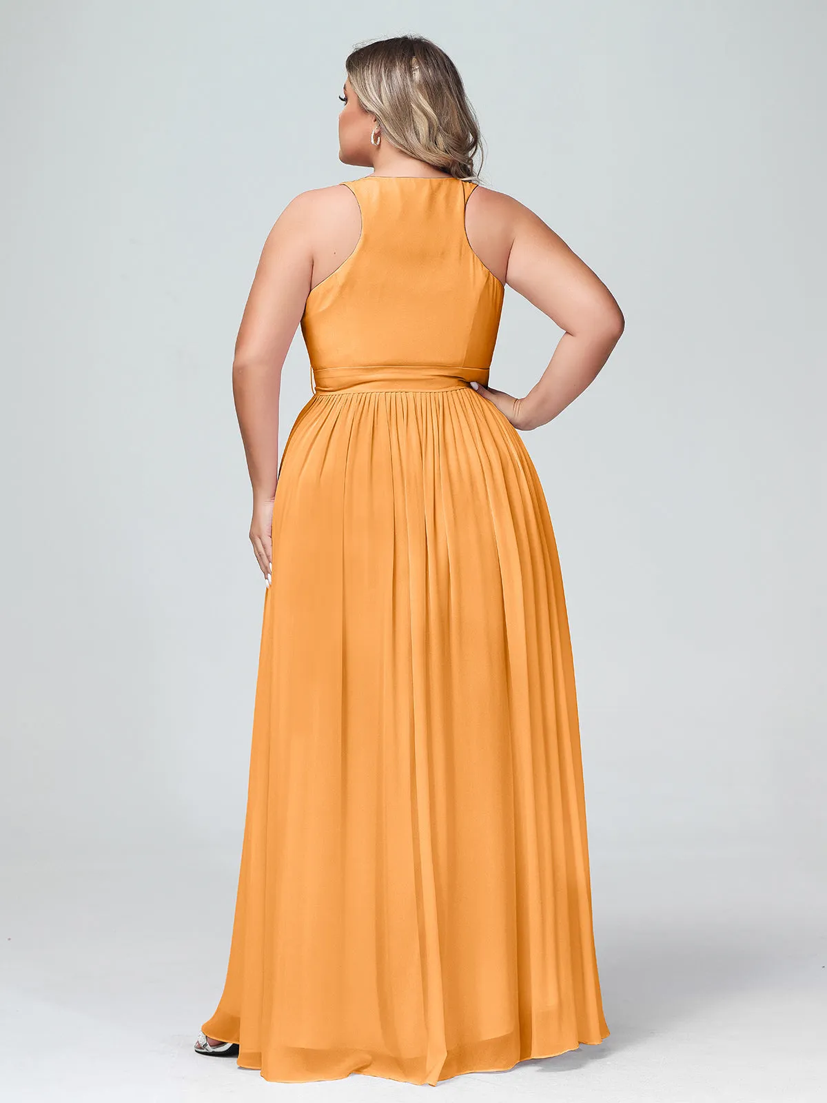 Deep V Neckline Chiffon Dress with Sash Bow Tangerine