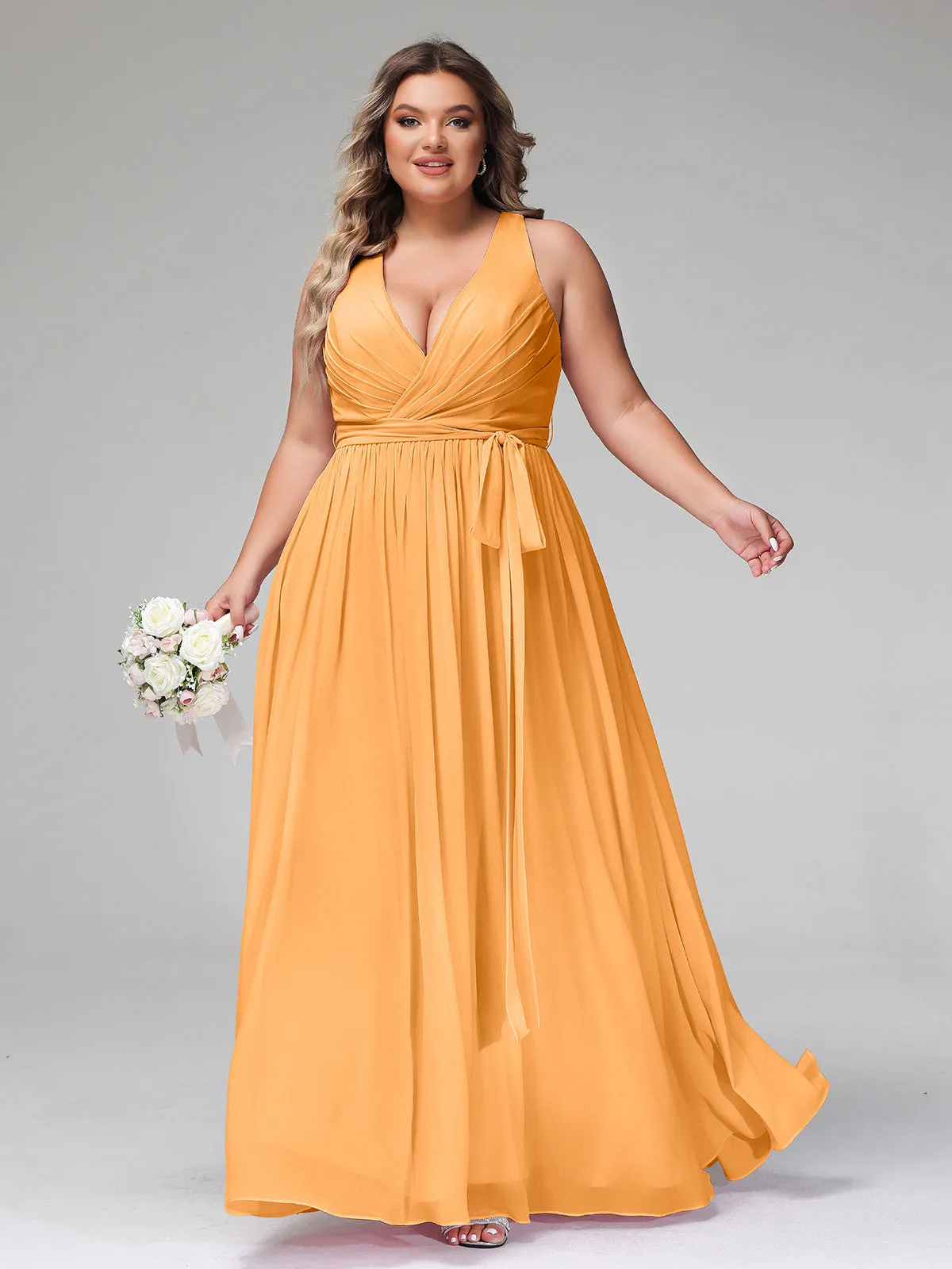 Deep V Neckline Chiffon Dress with Sash Bow Tangerine