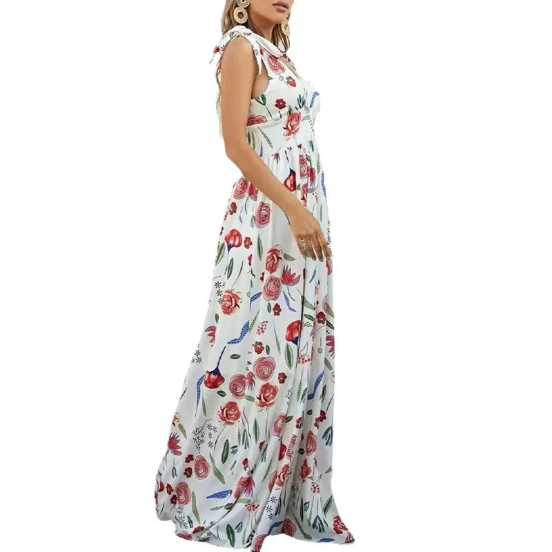 Elegant Floral Butterfly Bow Strap V-neck Sleeveless Dress