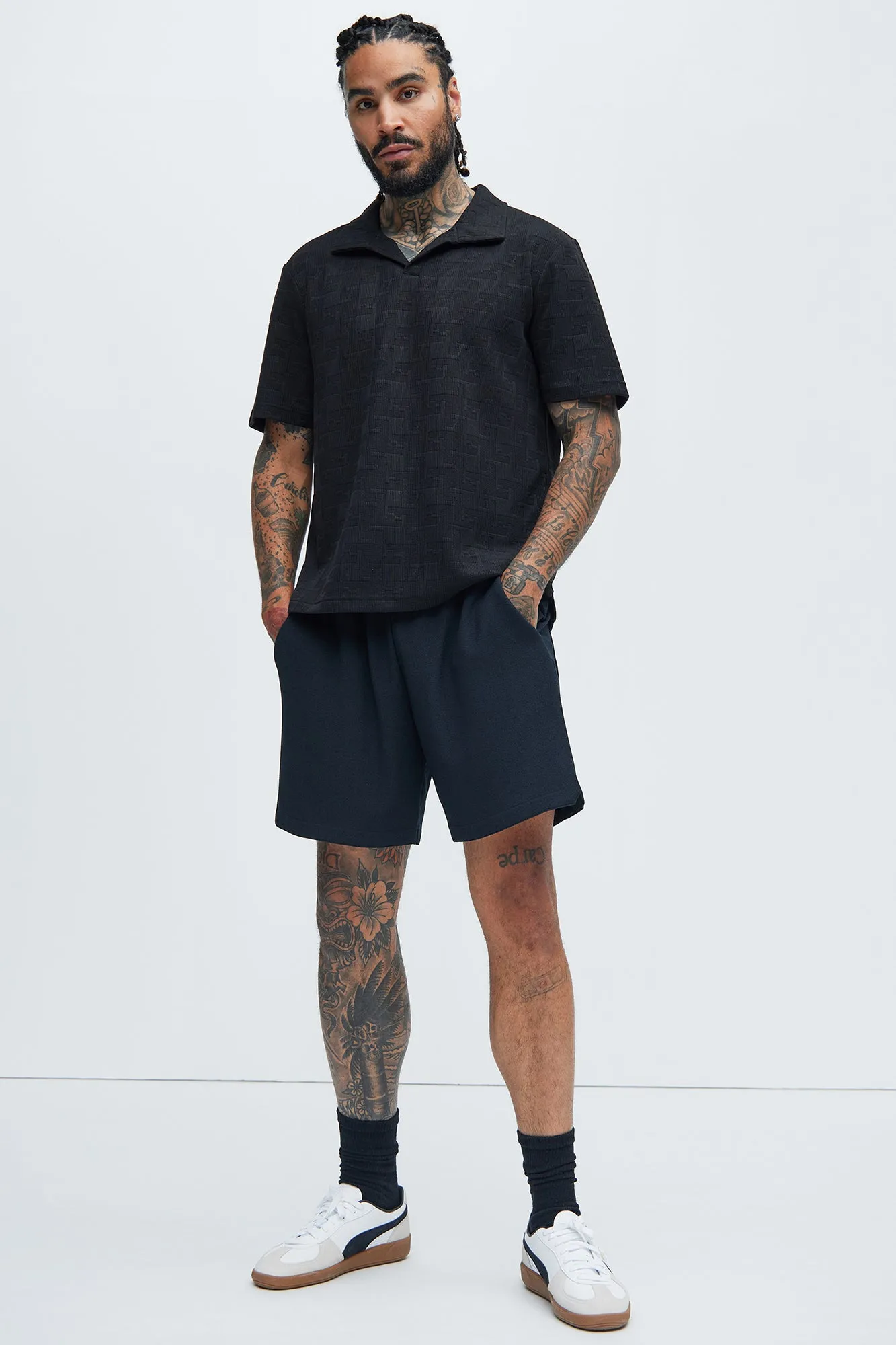 Ethel Textured Knit Johnny Collar Shirt - Black
