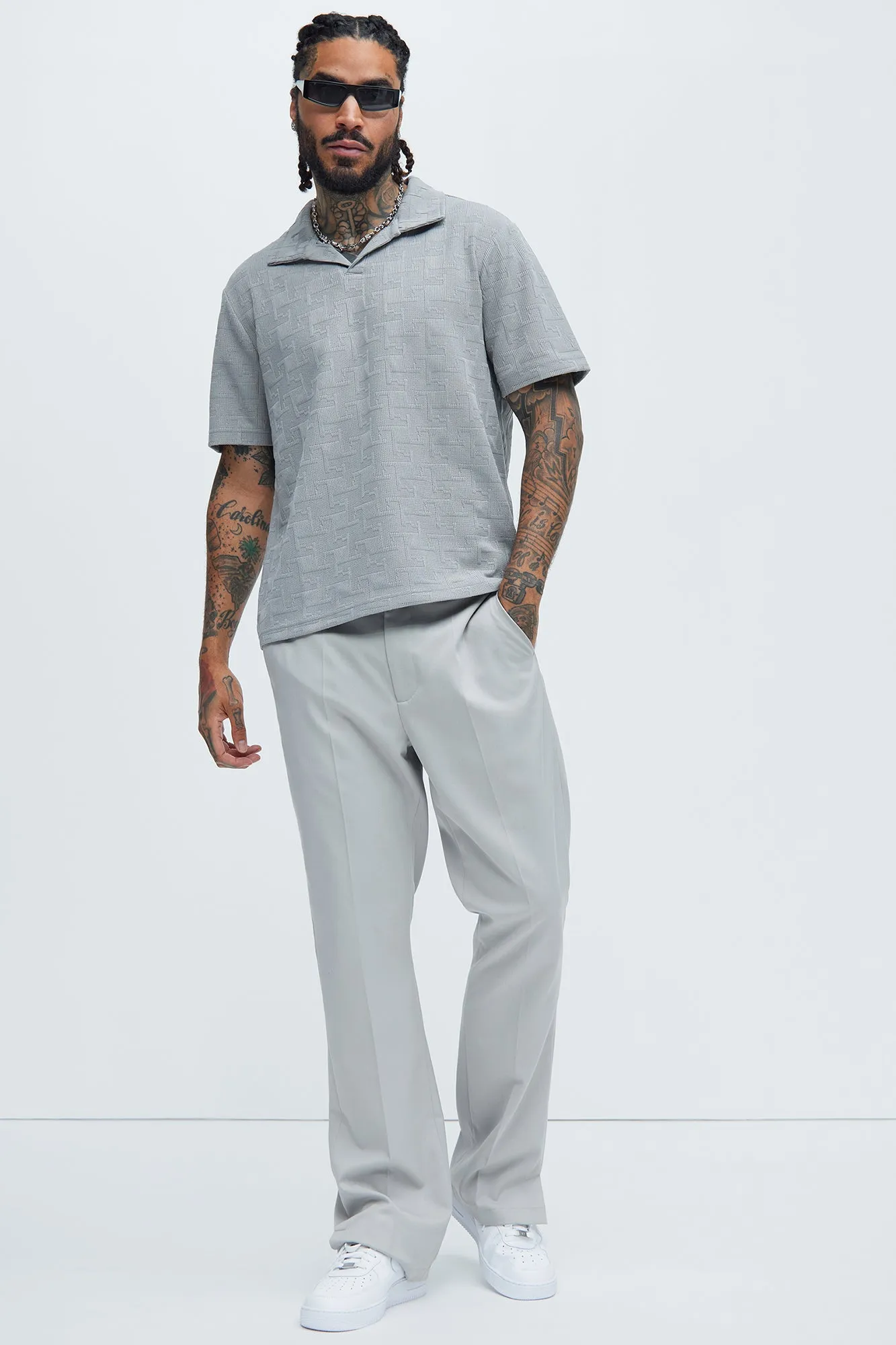 Ethel Textured Knit Johnny Collar Shirt - Grey