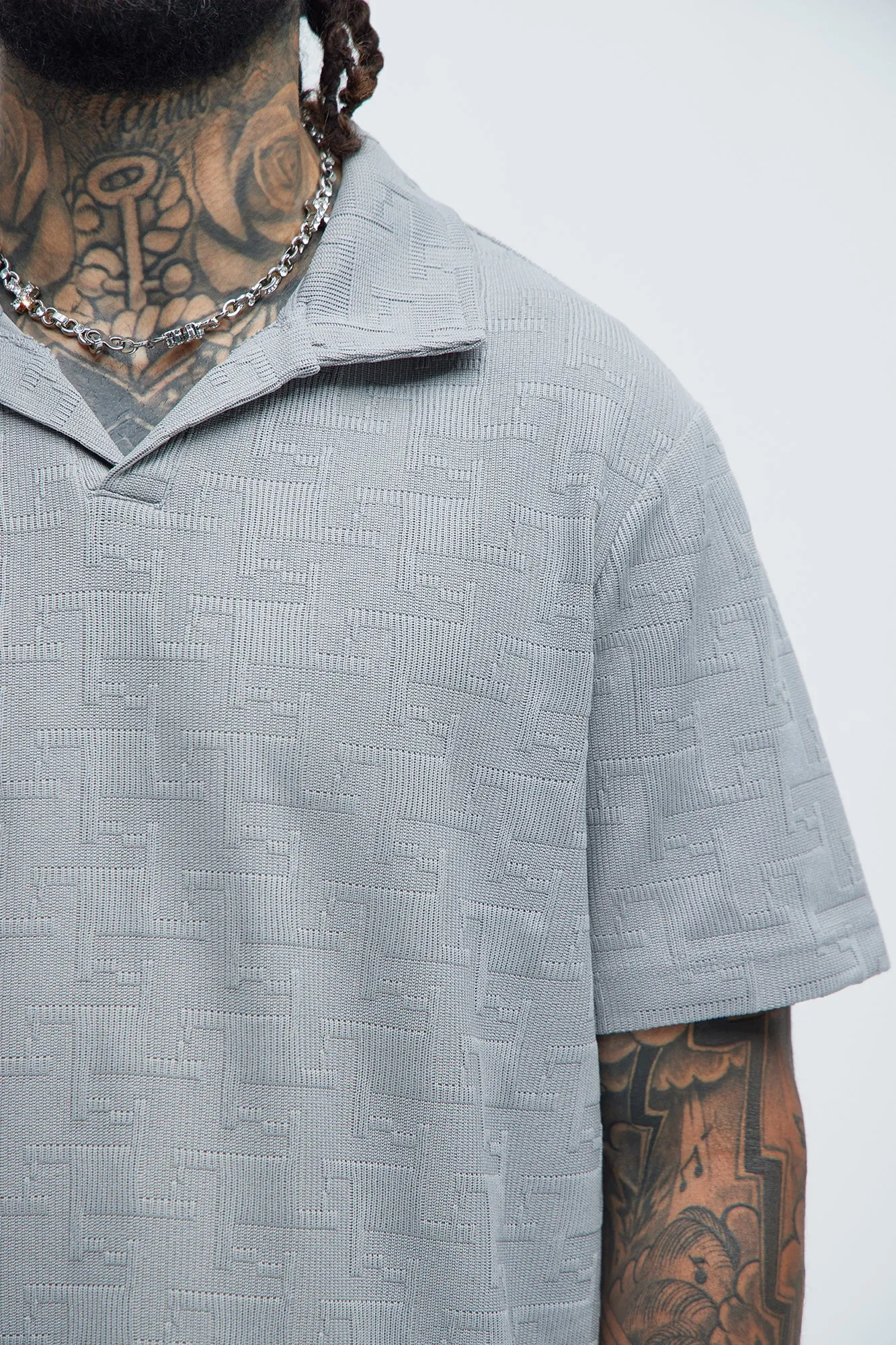 Ethel Textured Knit Johnny Collar Shirt - Grey