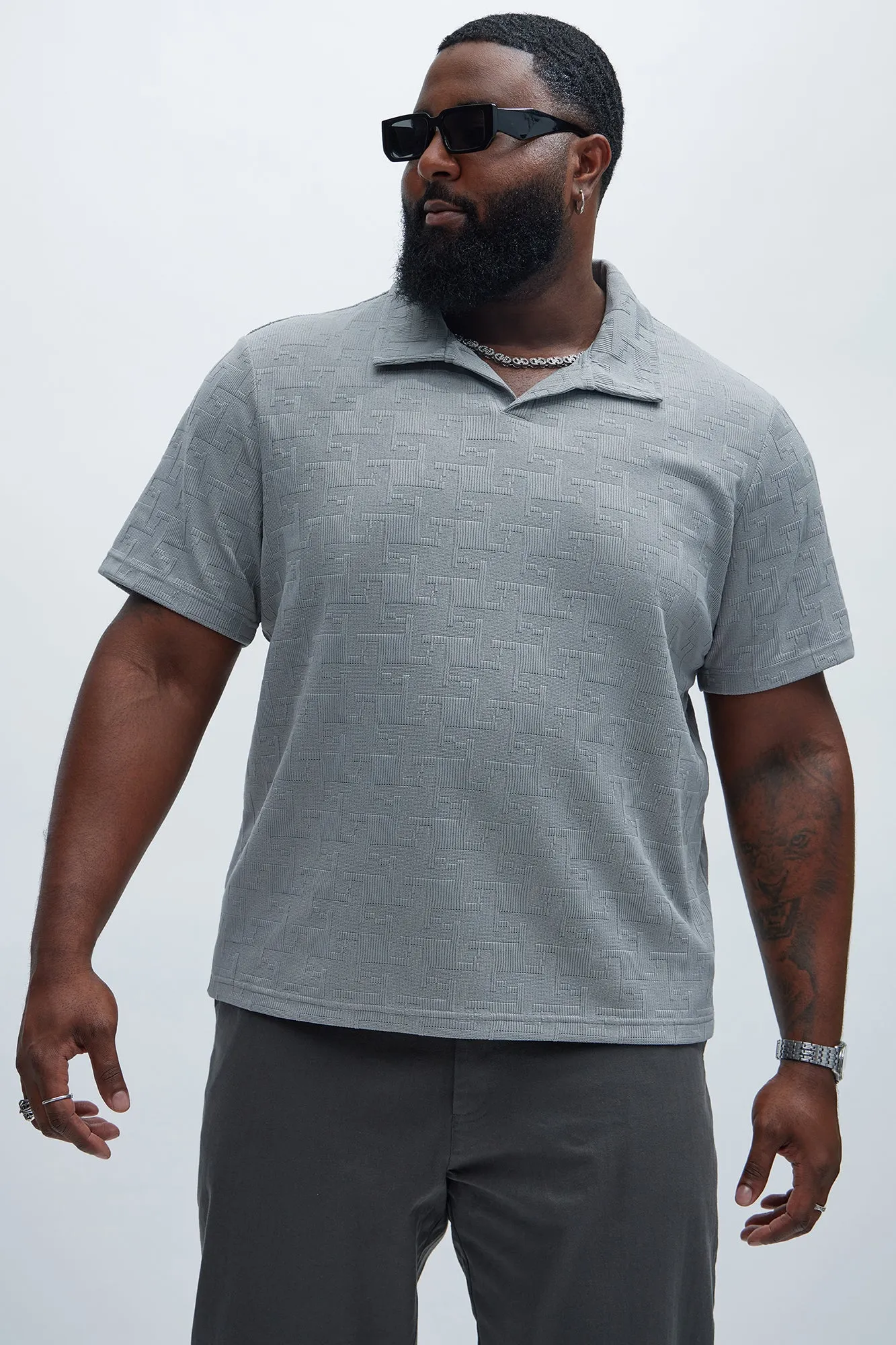 Ethel Textured Knit Johnny Collar Shirt - Grey