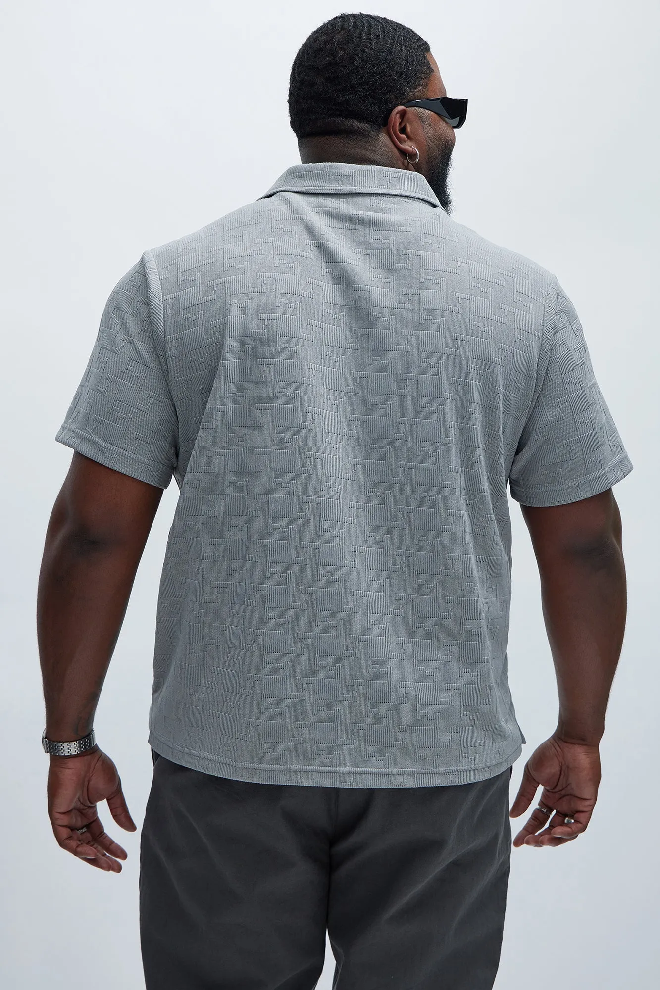 Ethel Textured Knit Johnny Collar Shirt - Grey