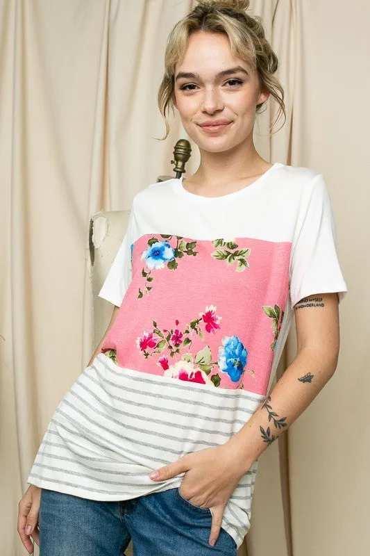 Floral and Stripe Color Block V Neck Top