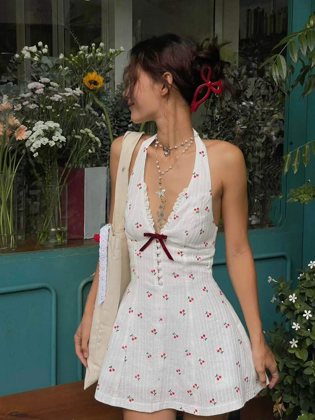 Flytonn- Holly Halter Dress In Cherry