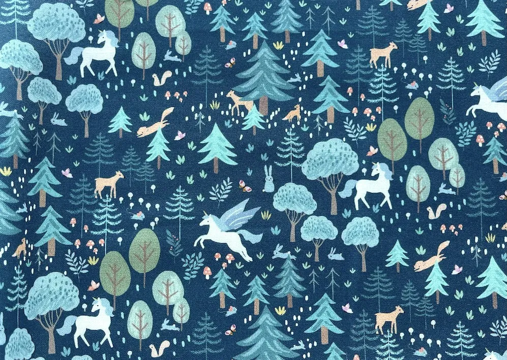 Forest Pegacorns, Foxes, Mushrooms, Bunnies & Fawns on Stormy Navy Quilting Cotton