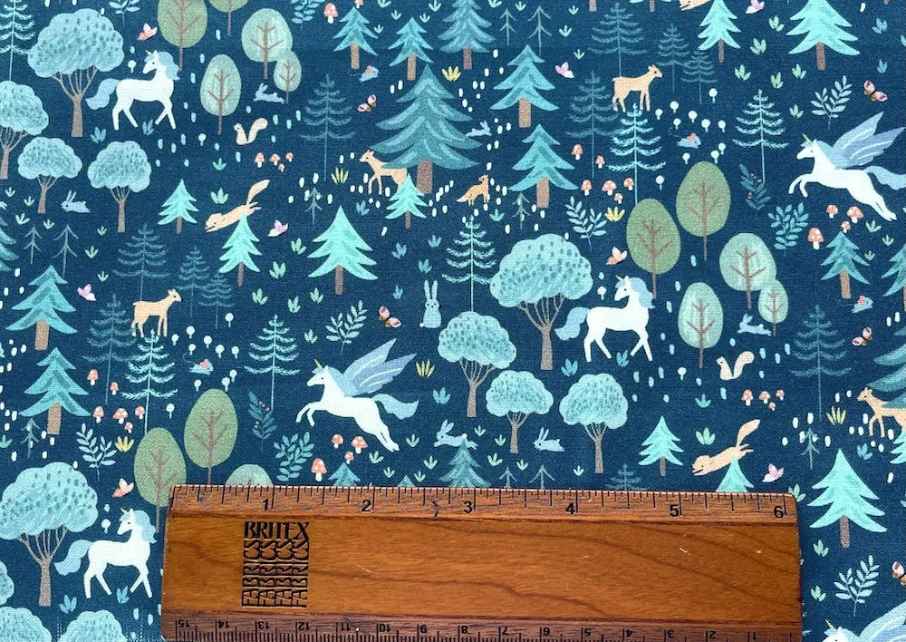Forest Pegacorns, Foxes, Mushrooms, Bunnies & Fawns on Stormy Navy Quilting Cotton