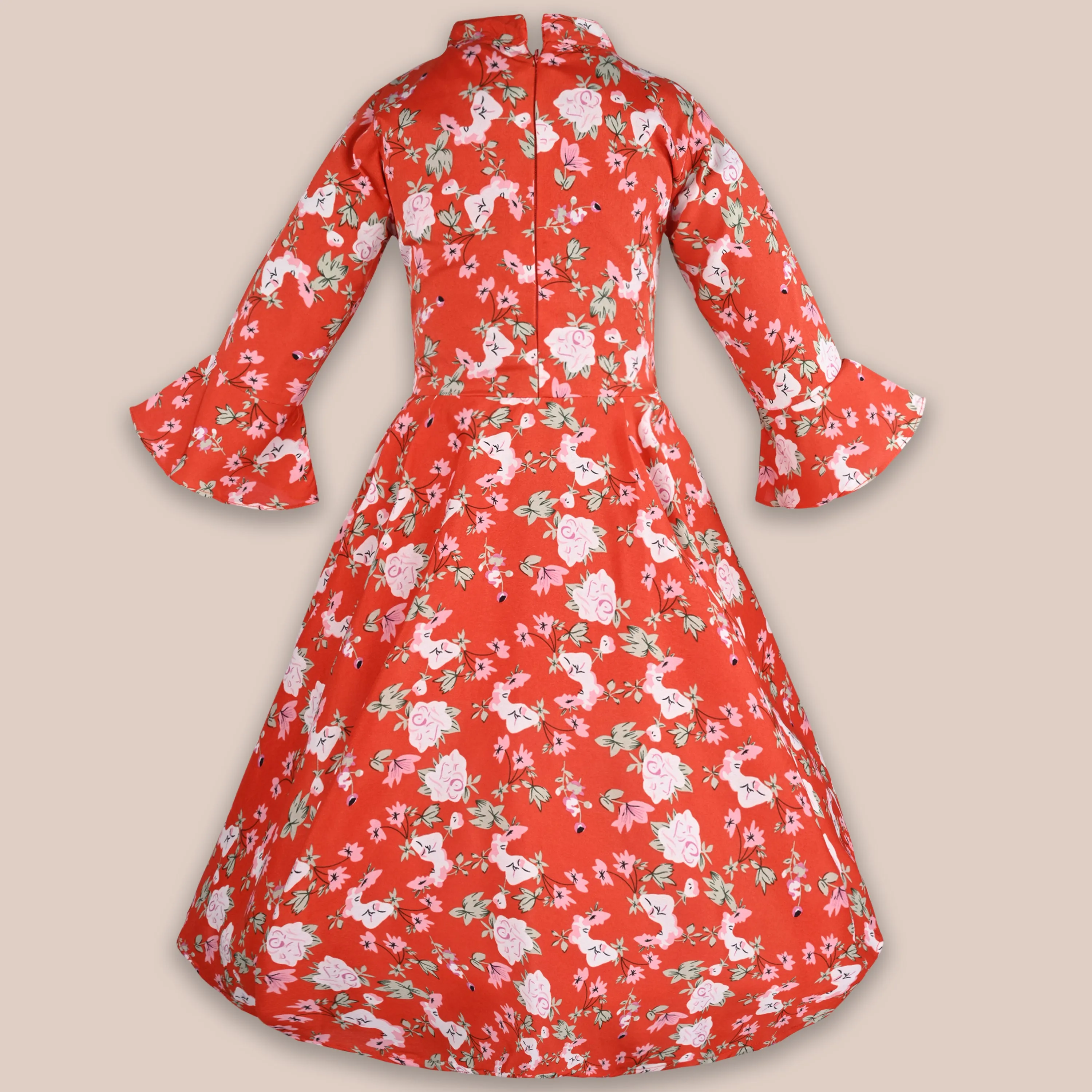 Girls Bell Sleeve Floral Print Fit and Flare Frock Dress