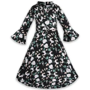Girls Bell Sleeve Floral Print Fit and Flare Frock Dress