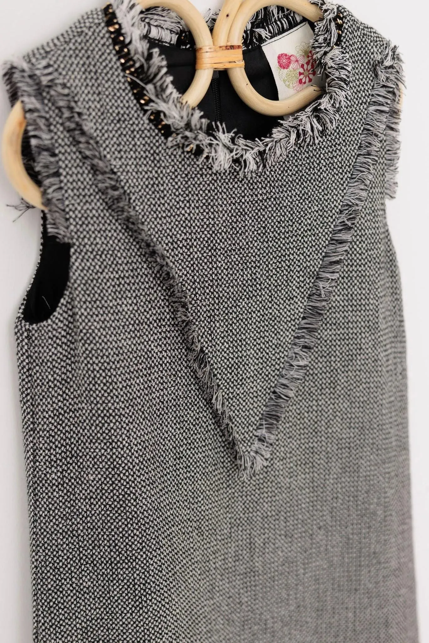 Girls Sleeveless Tweed Chain Neck-Line Fringe Dresses
