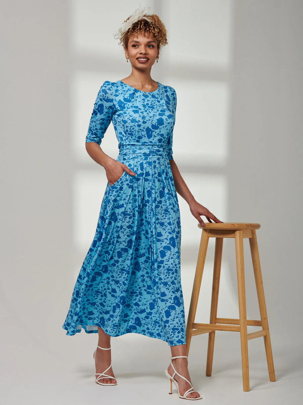 Goldie 3/4 Sleeve Jersey Maxi Dress, Blue Floral