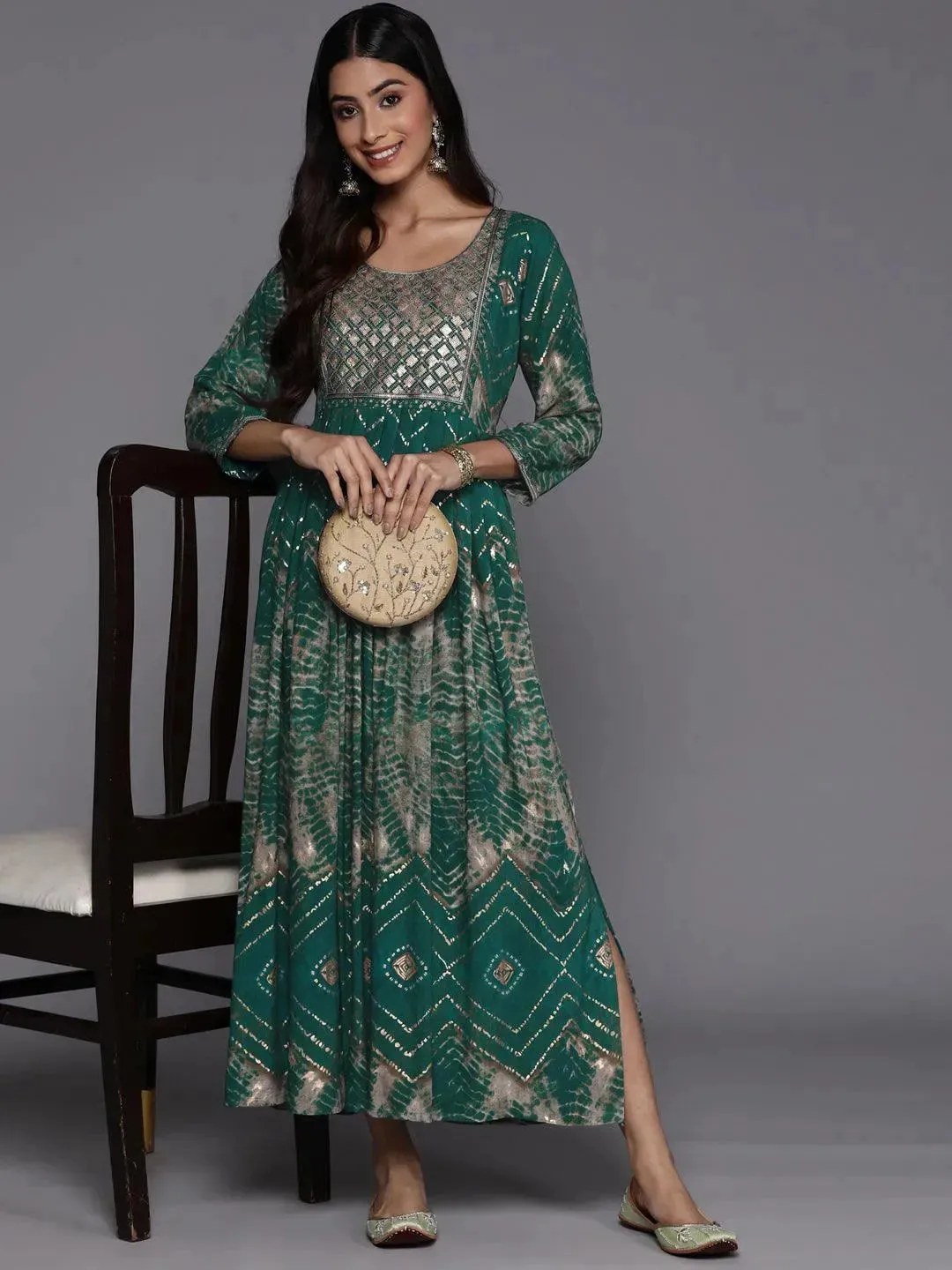 Green Printed Fit and Flare Rayon Dress