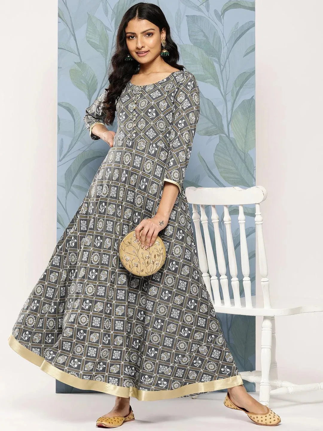 Grey Printed Rayon Fit and Flare Dress