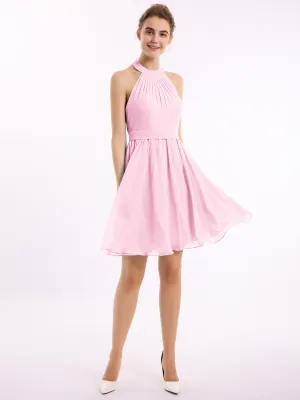 Halter Chiffon Short Bridesmaid Dresses-Candy Pink