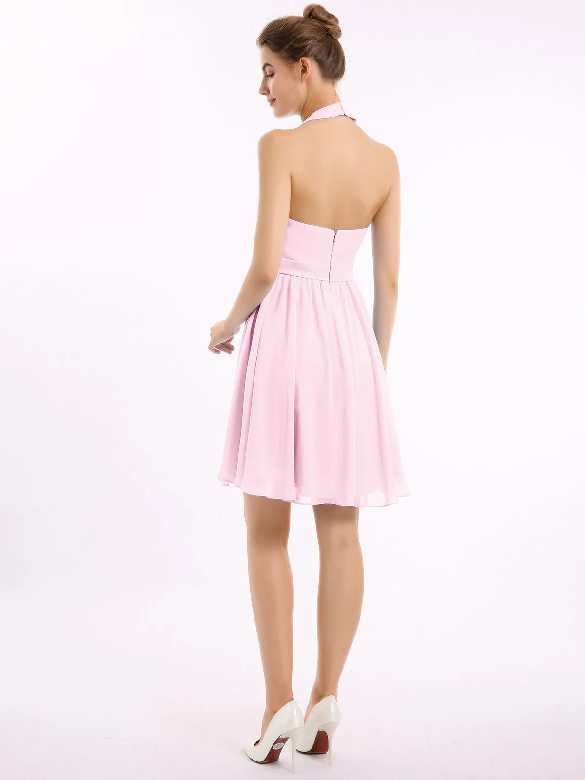 Halter Chiffon Short Bridesmaid Dresses-Candy Pink