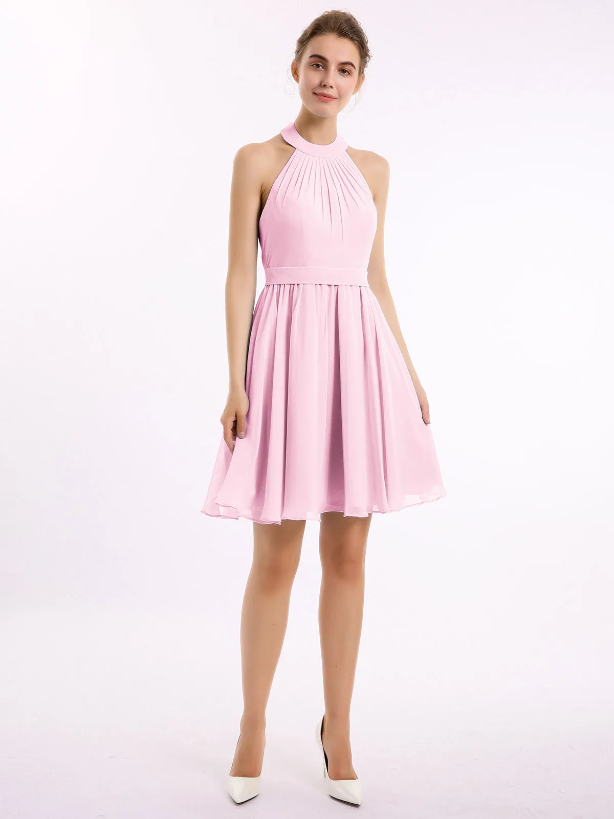 Halter Chiffon Short Bridesmaid Dresses-Candy Pink