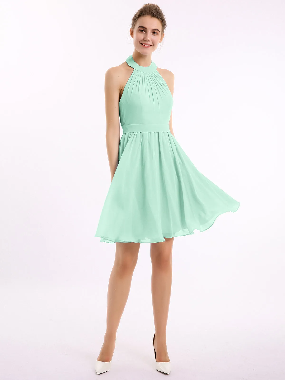 Halter Chiffon Short Bridesmaid Dresses-Mint Green Plus Size