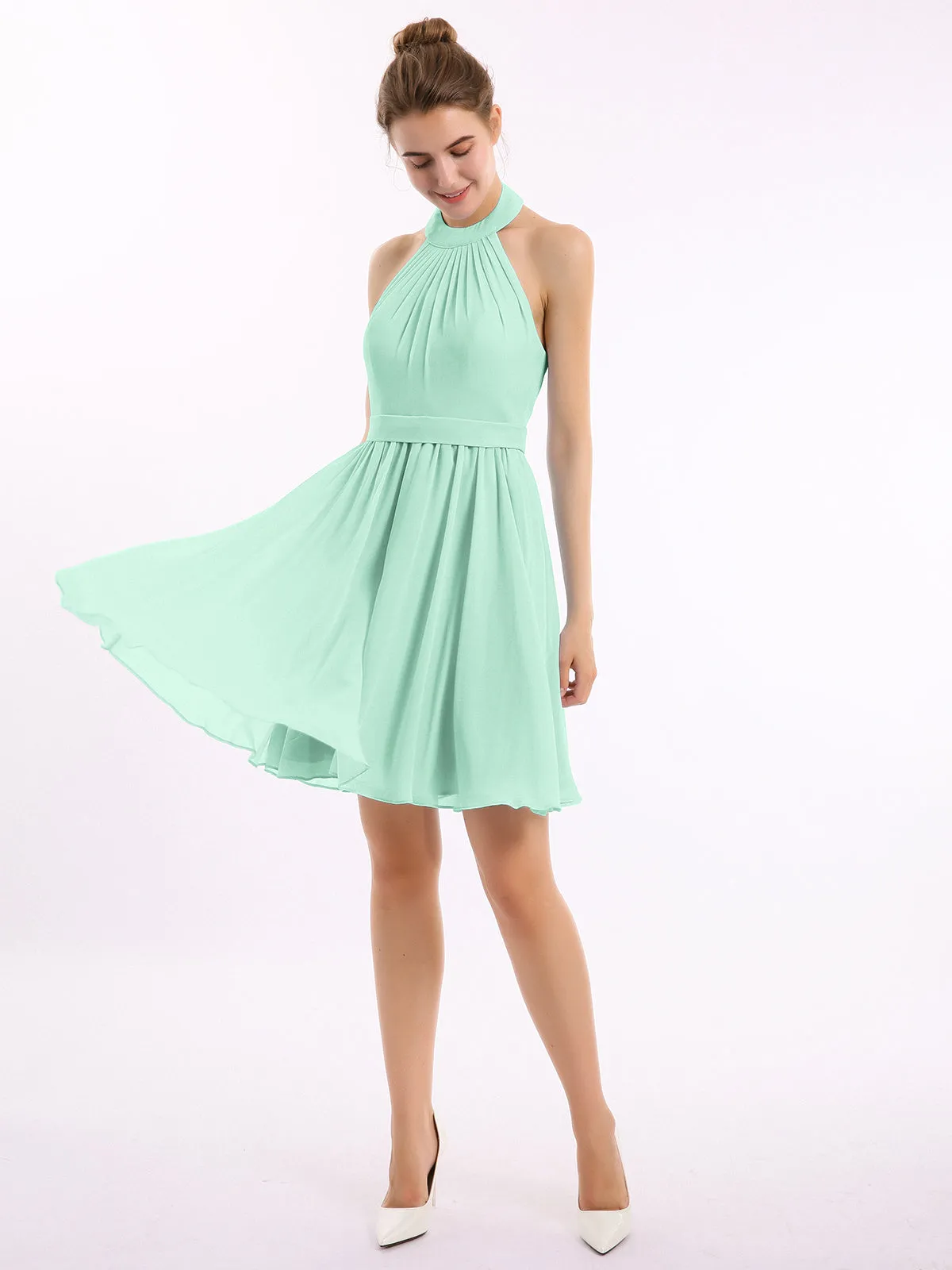 Halter Chiffon Short Bridesmaid Dresses-Mint Green Plus Size