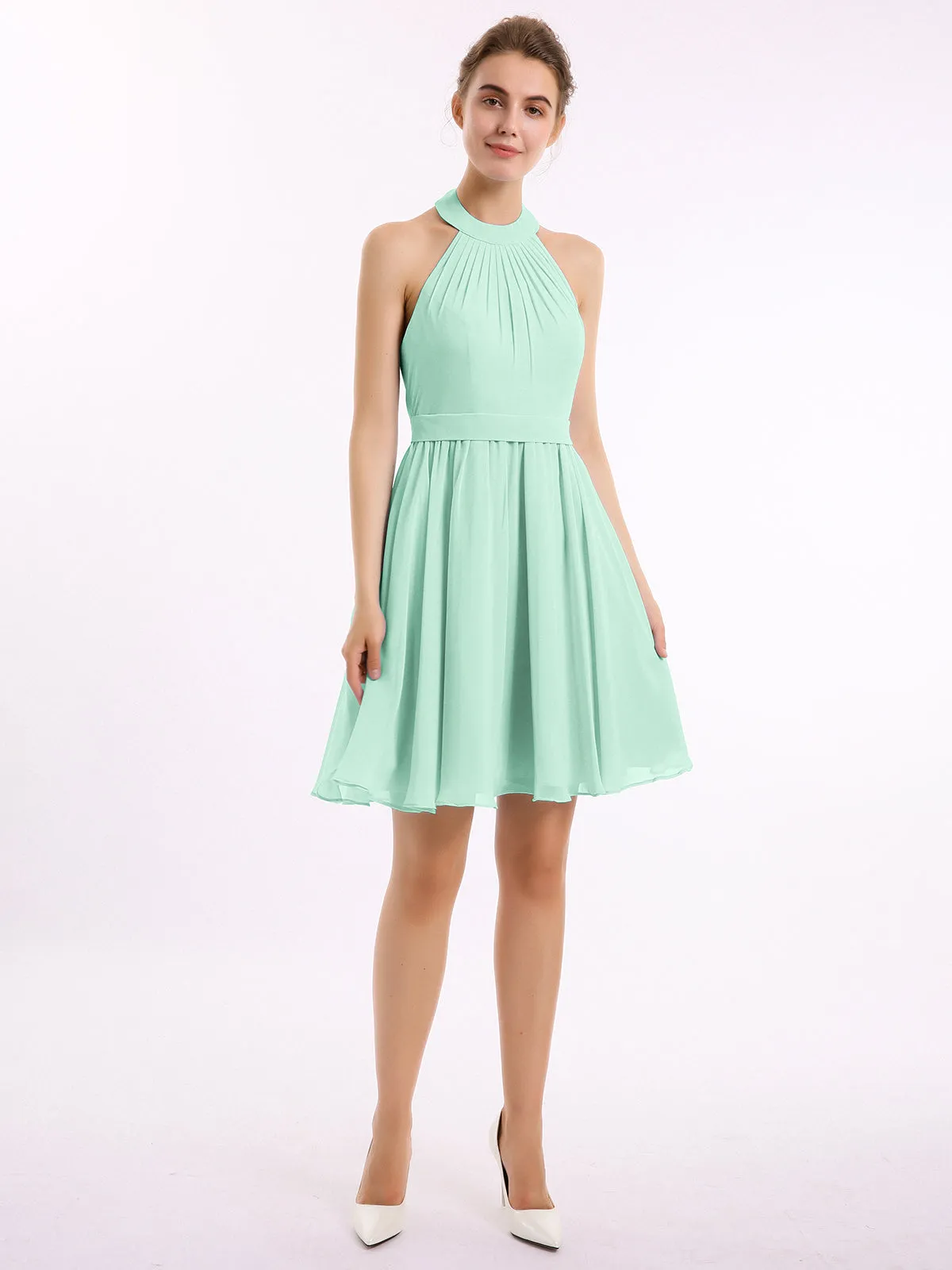 Halter Chiffon Short Bridesmaid Dresses-Mint Green Plus Size