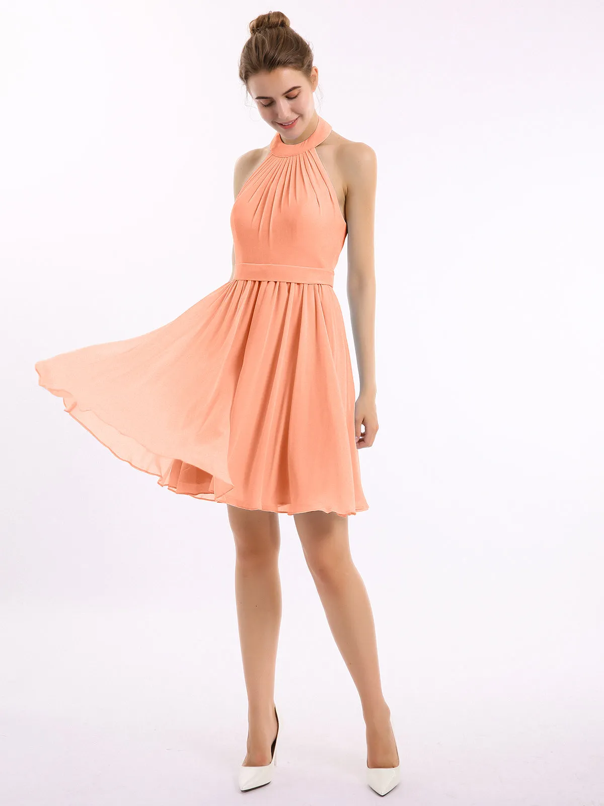 Halter Chiffon Short Bridesmaid Dresses-Papaya
