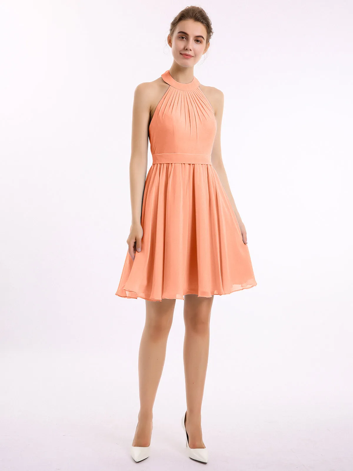 Halter Chiffon Short Bridesmaid Dresses-Papaya