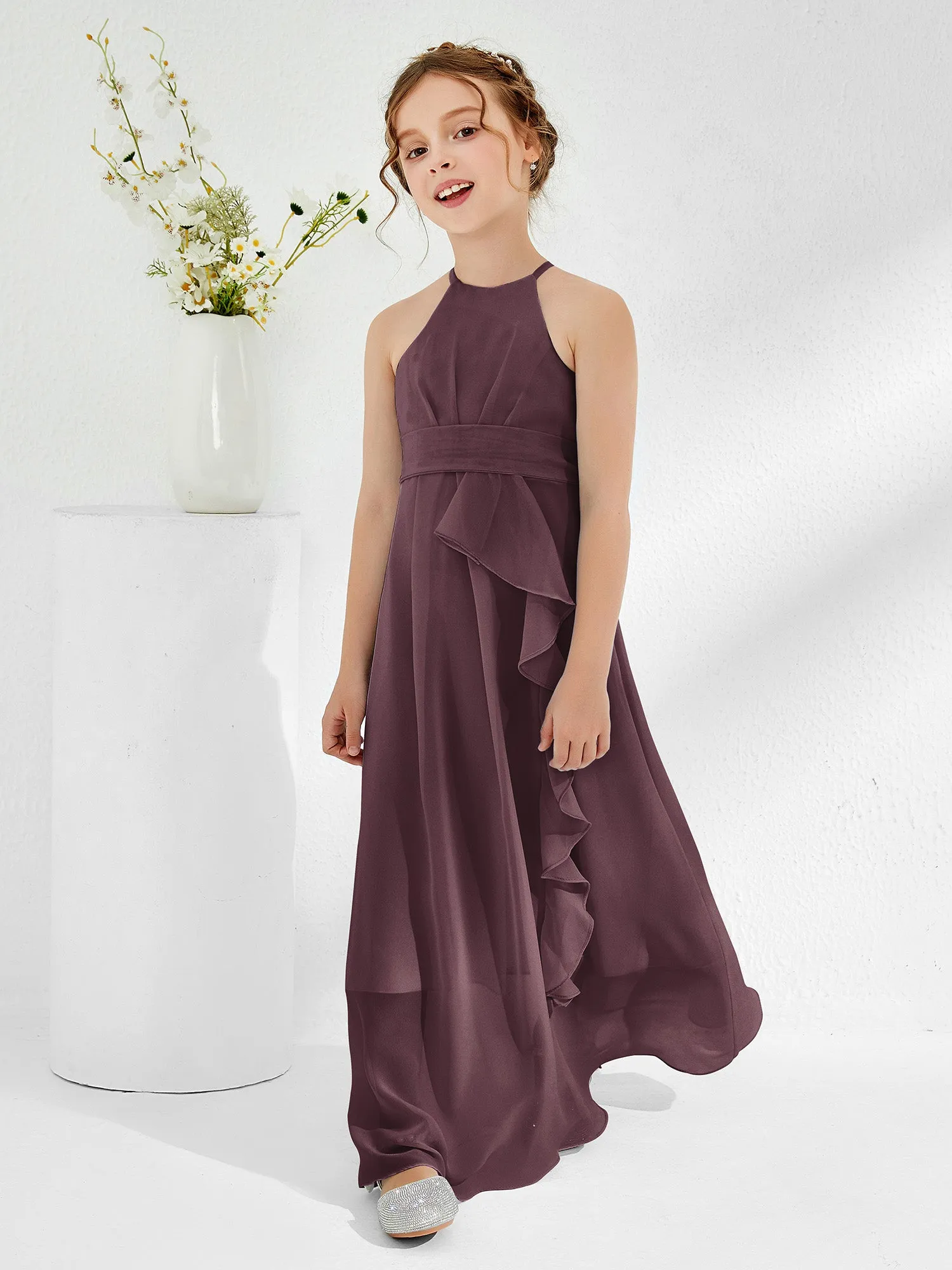 Halter Neckline Junior Bridesmaid Dresses with Sash Cabernet