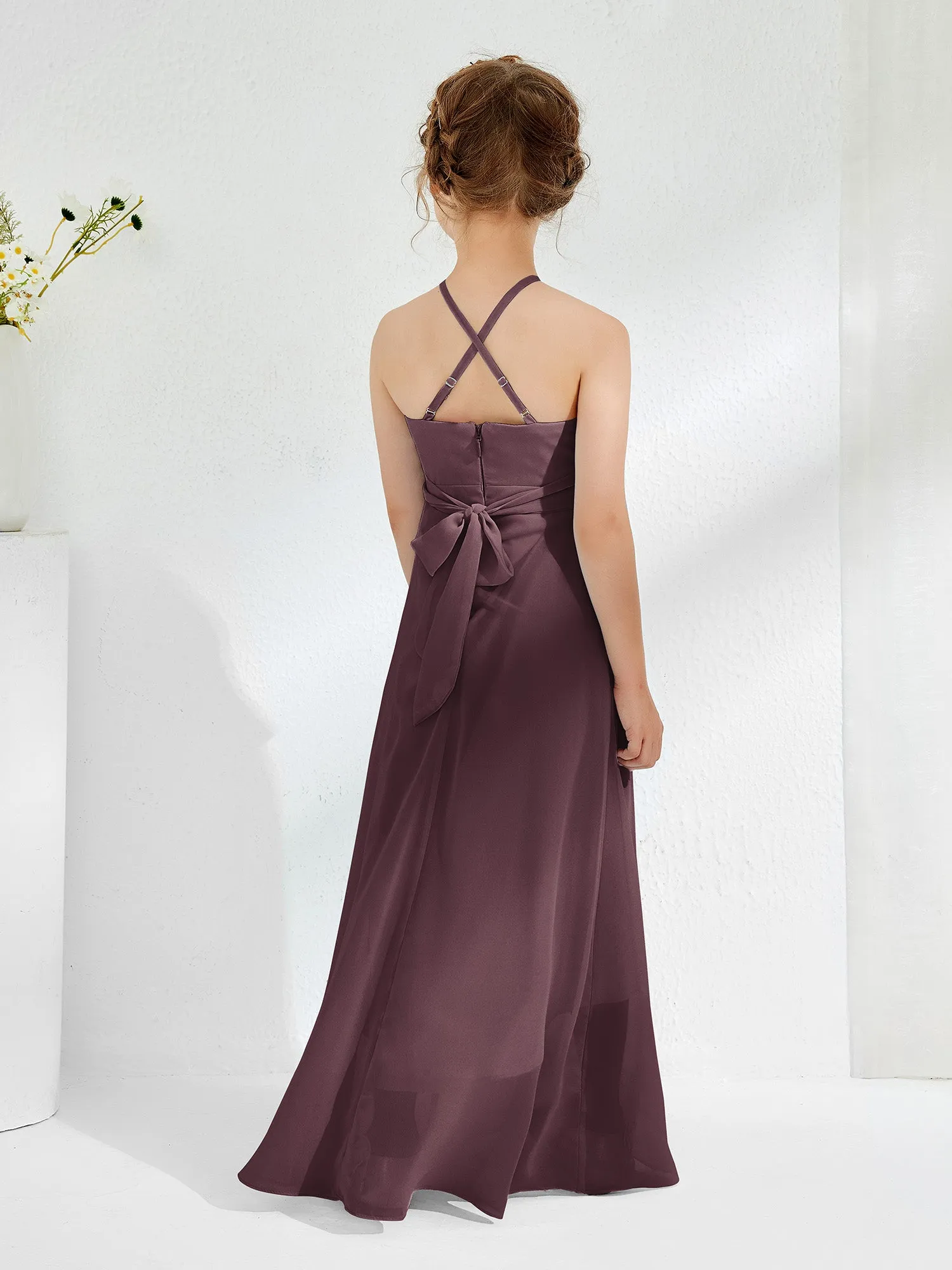 Halter Neckline Junior Bridesmaid Dresses with Sash Cabernet