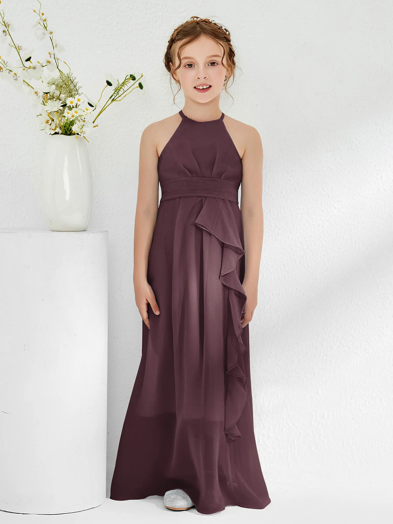 Halter Neckline Junior Bridesmaid Dresses with Sash Cabernet