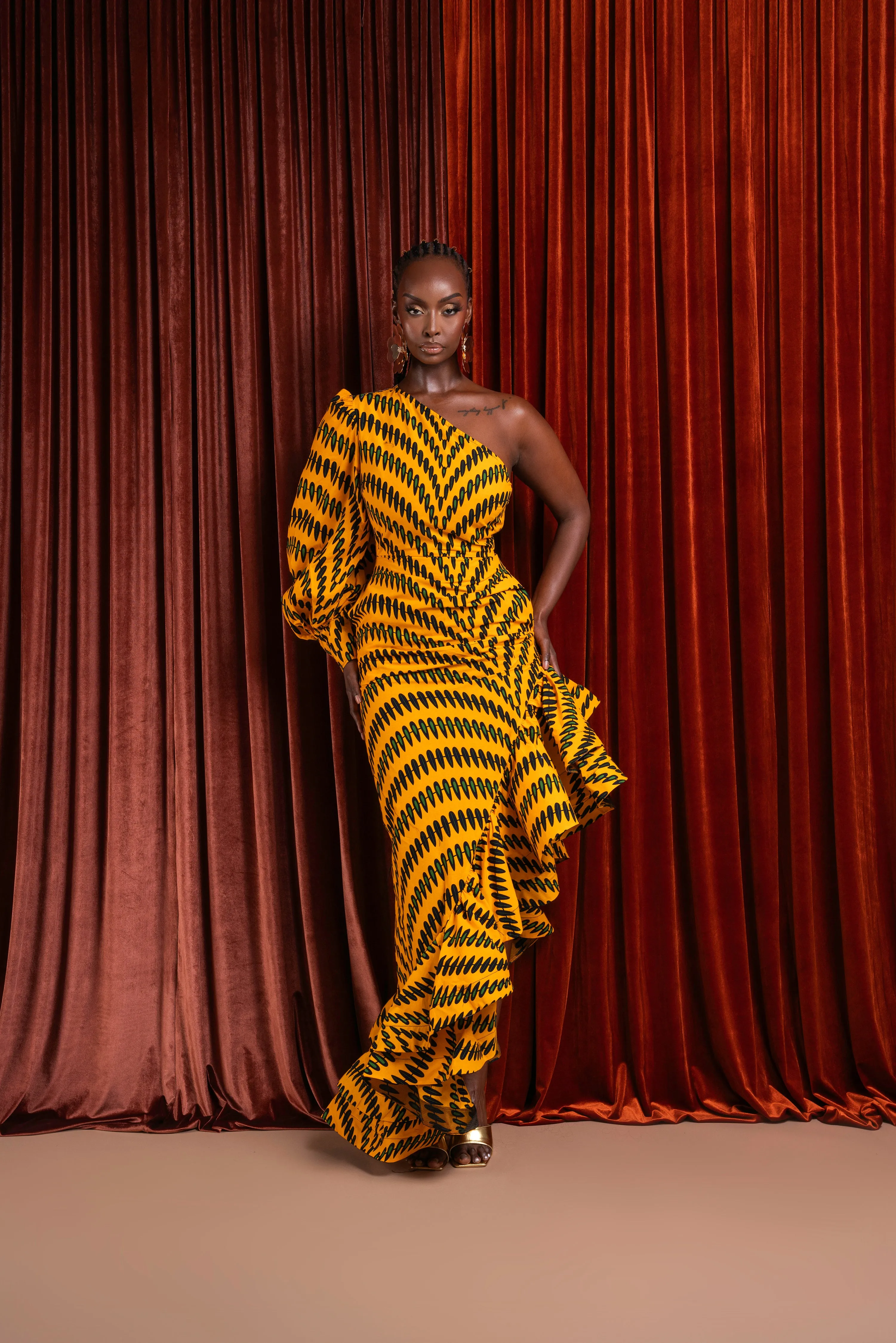 IFE One-sleeve Ruffle African Print Hi-low Dress