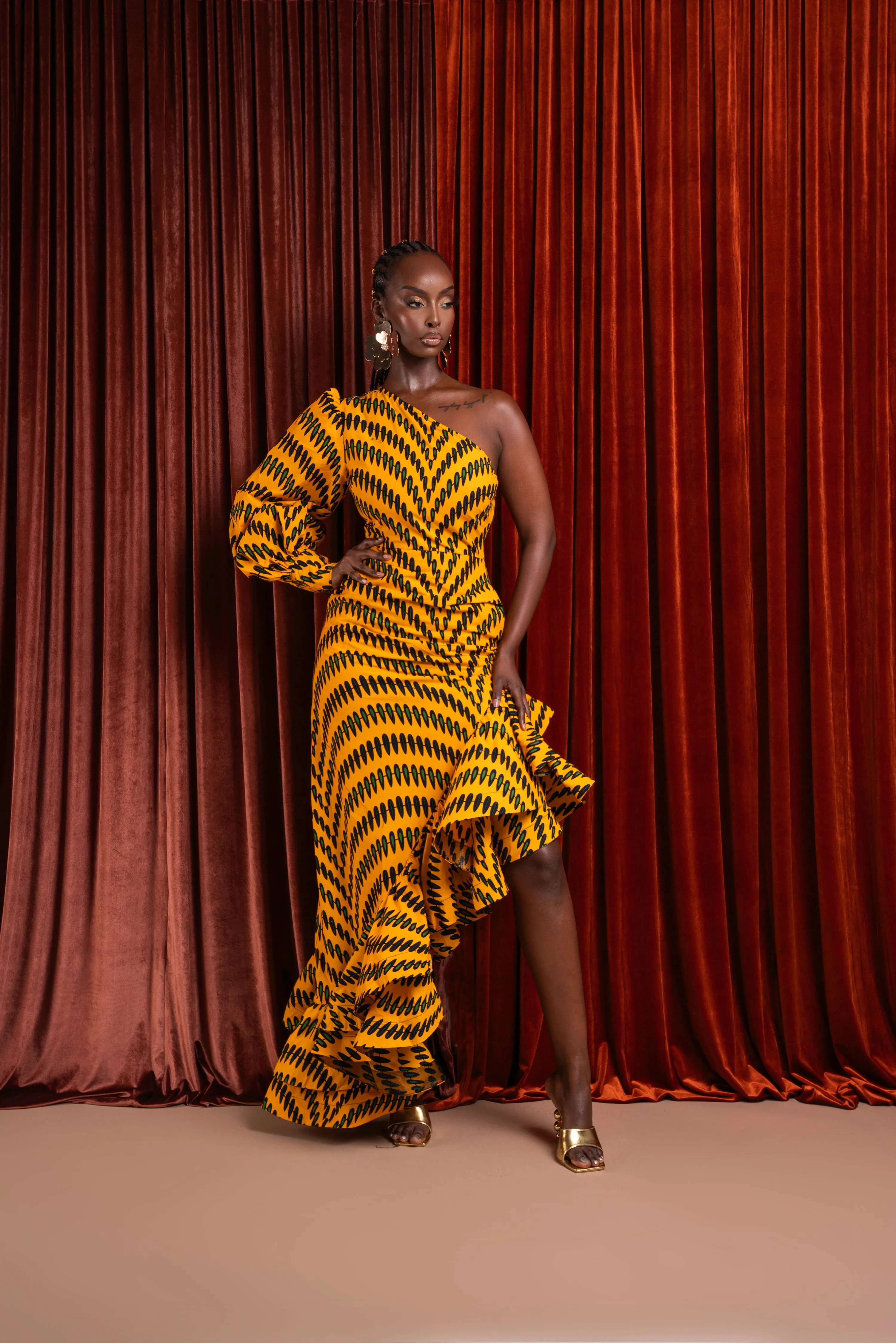 IFE One-sleeve Ruffle African Print Hi-low Dress
