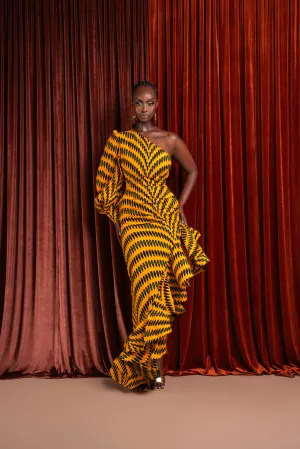 IFE One-sleeve Ruffle African Print Hi-low Dress