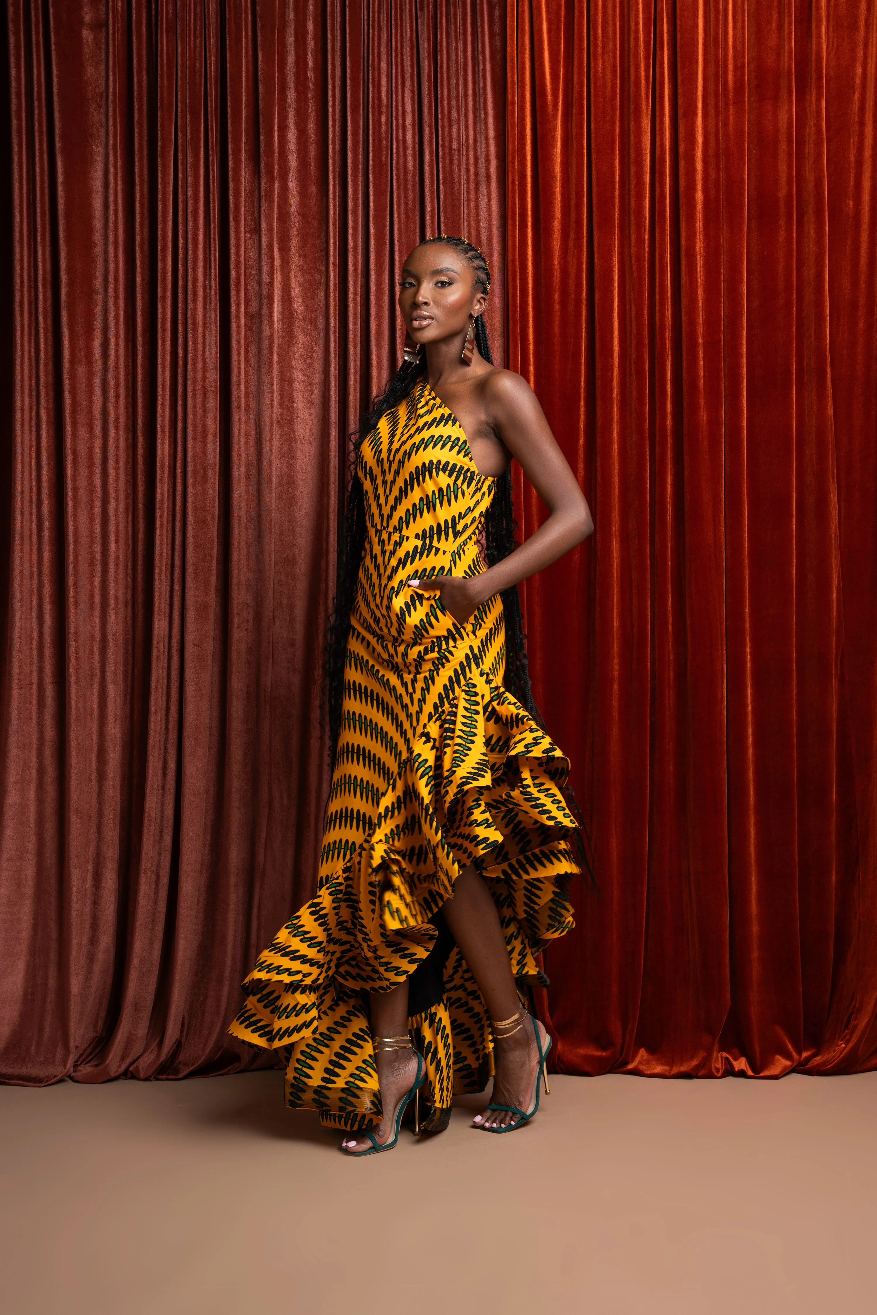 IFE One-sleeve Ruffle African Print Hi-low Dress