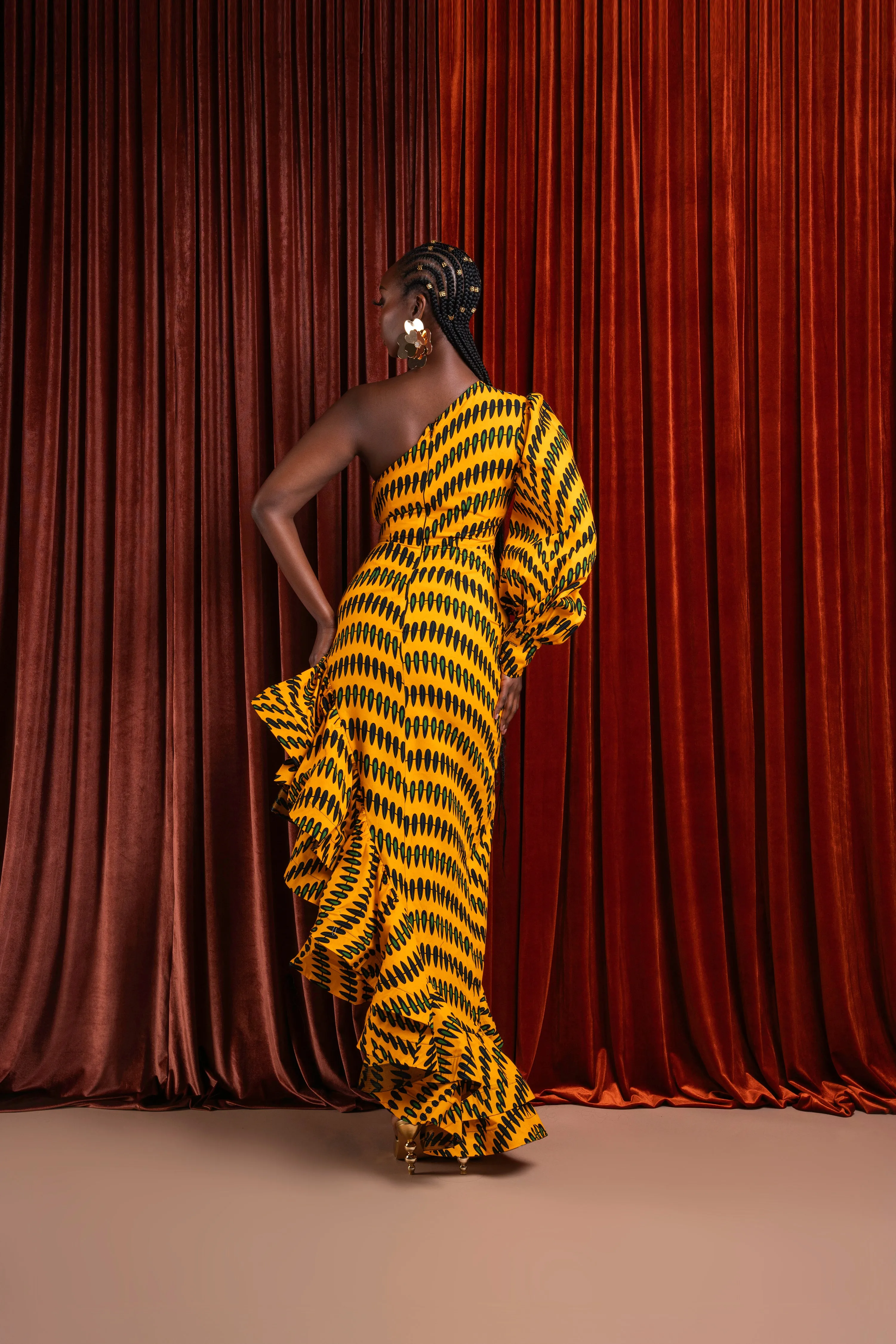 IFE One-sleeve Ruffle African Print Hi-low Dress