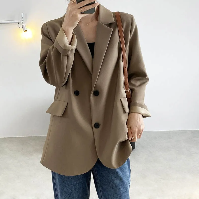 [Korean Style]  Jamiet Solid Color Loose Fit Double Breasted Blazer
