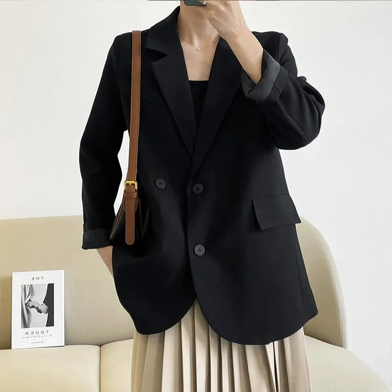[Korean Style]  Jamiet Solid Color Loose Fit Double Breasted Blazer