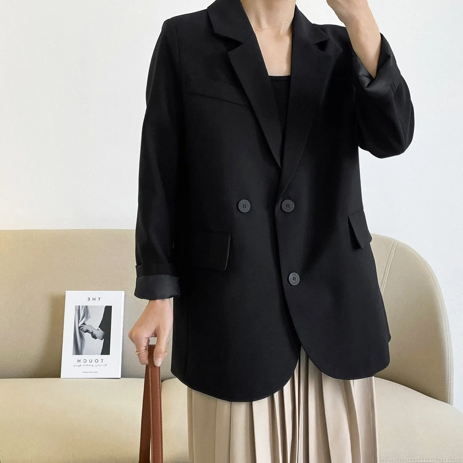 [Korean Style]  Jamiet Solid Color Loose Fit Double Breasted Blazer