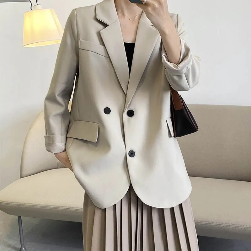 [Korean Style]  Jamiet Solid Color Loose Fit Double Breasted Blazer