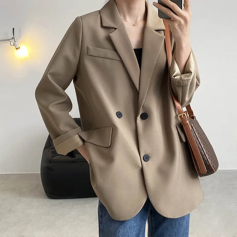 [Korean Style]  Jamiet Solid Color Loose Fit Double Breasted Blazer