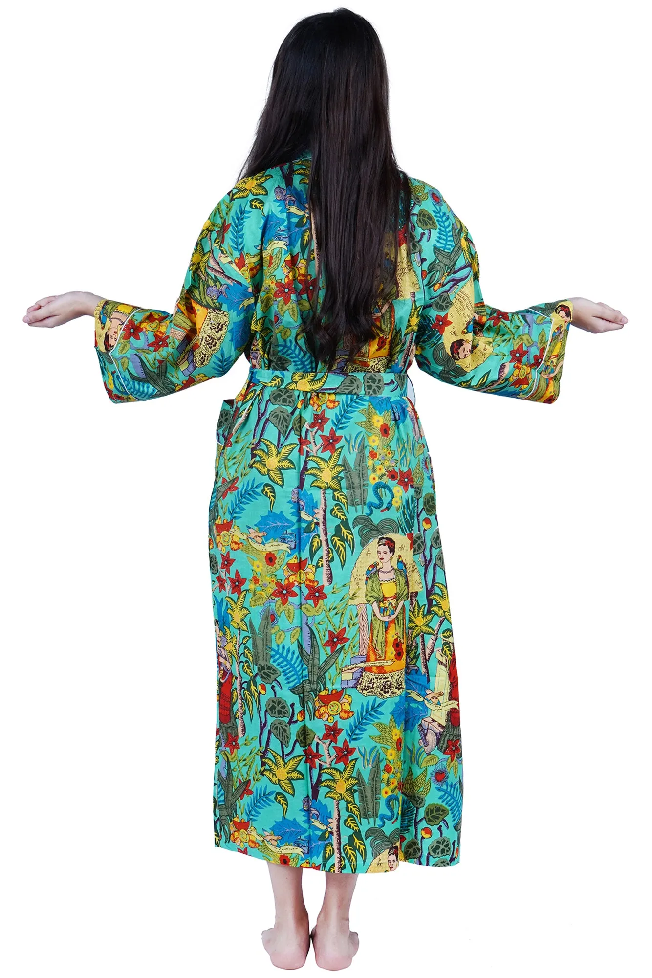 Light Green Frida Kahlo Floral Print Cotton Kimono Dressing Gown