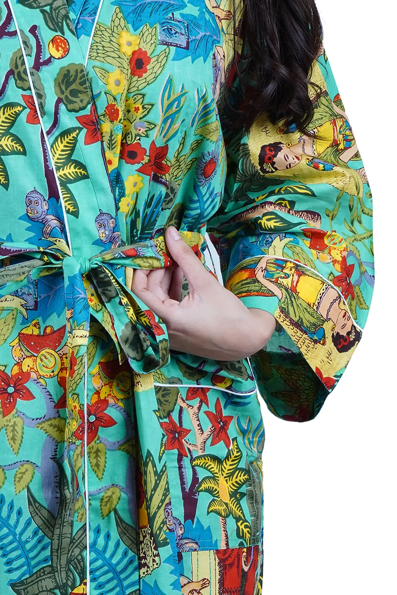 Light Green Frida Kahlo Floral Print Cotton Kimono Dressing Gown