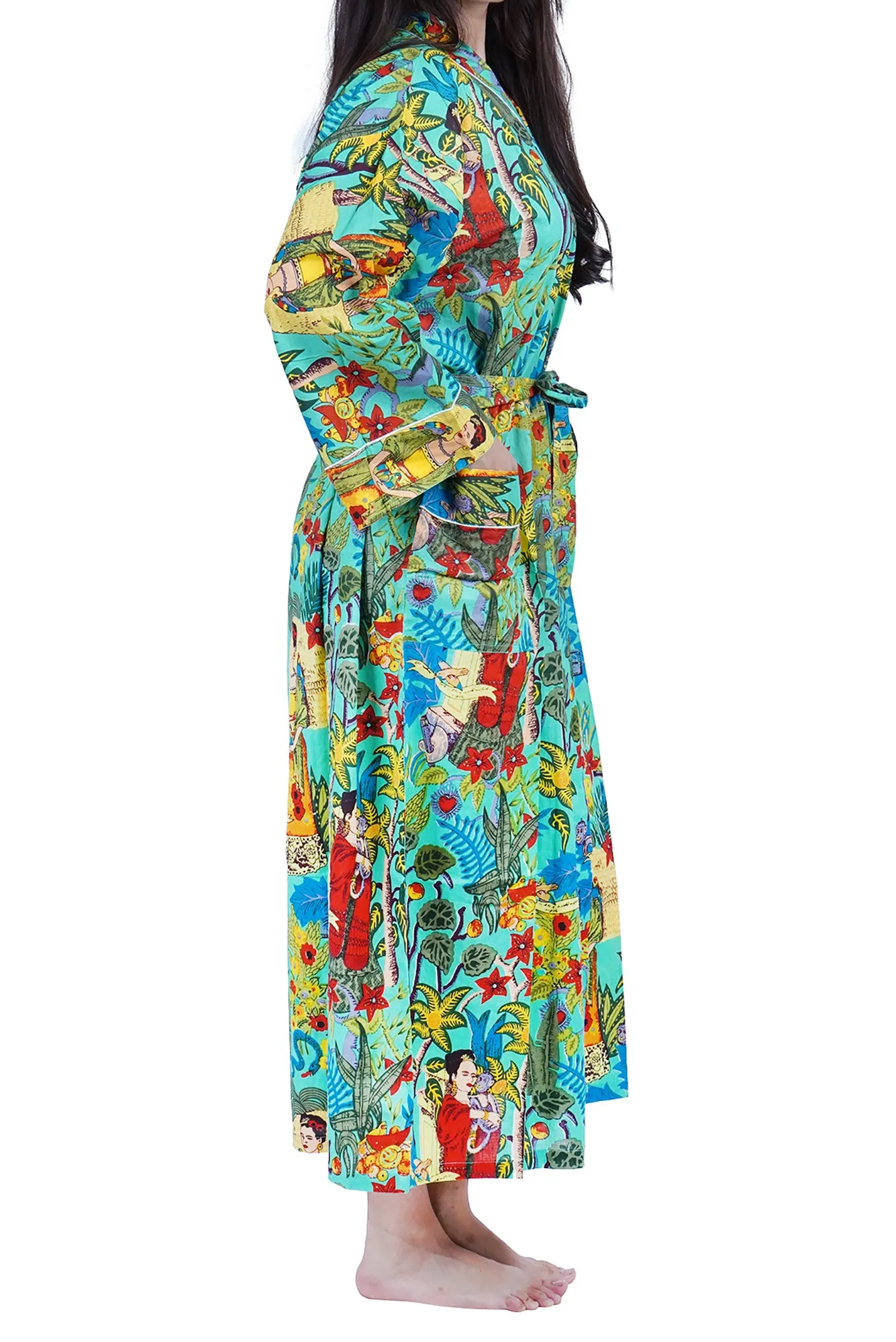 Light Green Frida Kahlo Floral Print Cotton Kimono Dressing Gown