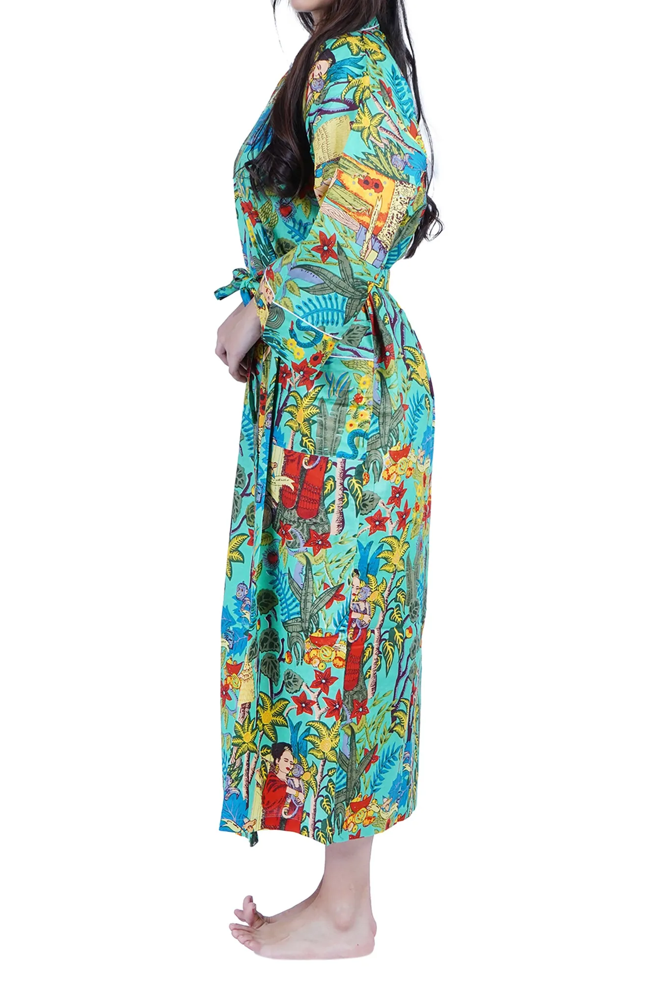 Light Green Frida Kahlo Floral Print Cotton Kimono Dressing Gown